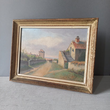 Antique French landscape painting, French rural village painting, coastal scene