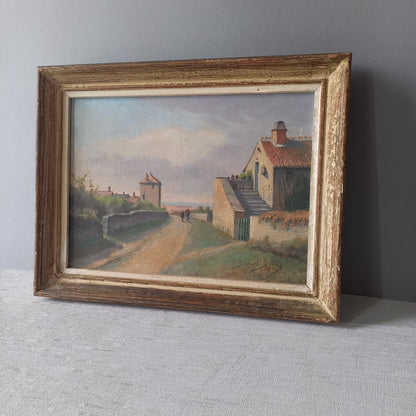 Antique French landscape painting, French rural village painting, coastal scene