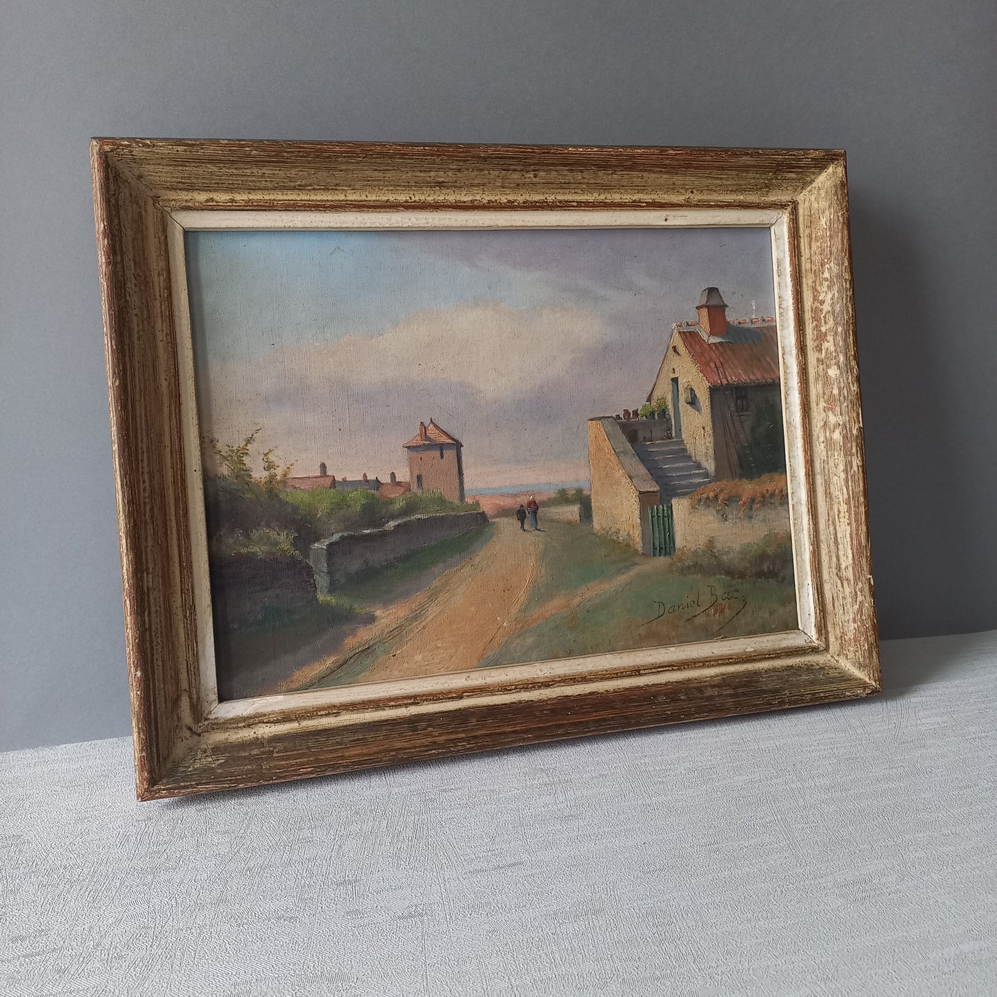 Antique French landscape painting, French rural village painting, coastal scene