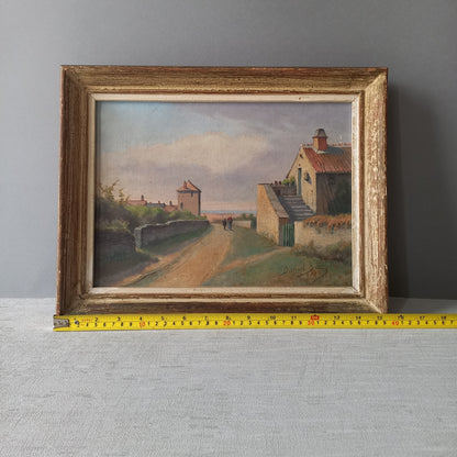 Antique French landscape painting, French rural village painting, coastal scene