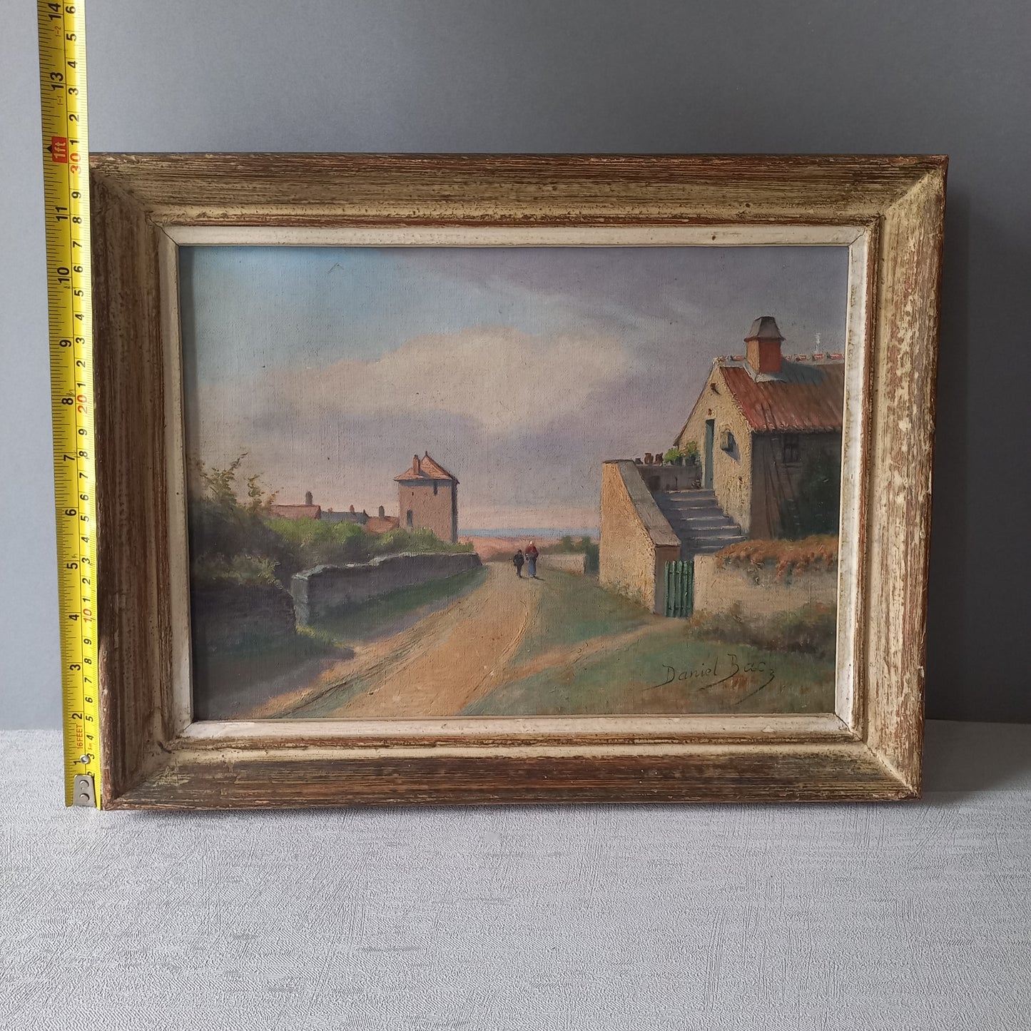 Antique French landscape painting, French rural village painting, coastal scene