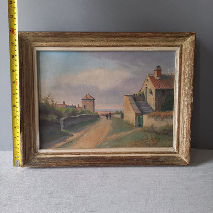 Antique French landscape painting, French rural village painting, coastal scene