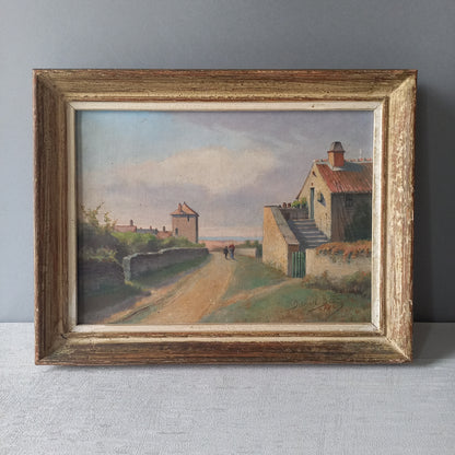 Antique French landscape painting, French rural village painting, coastal scene