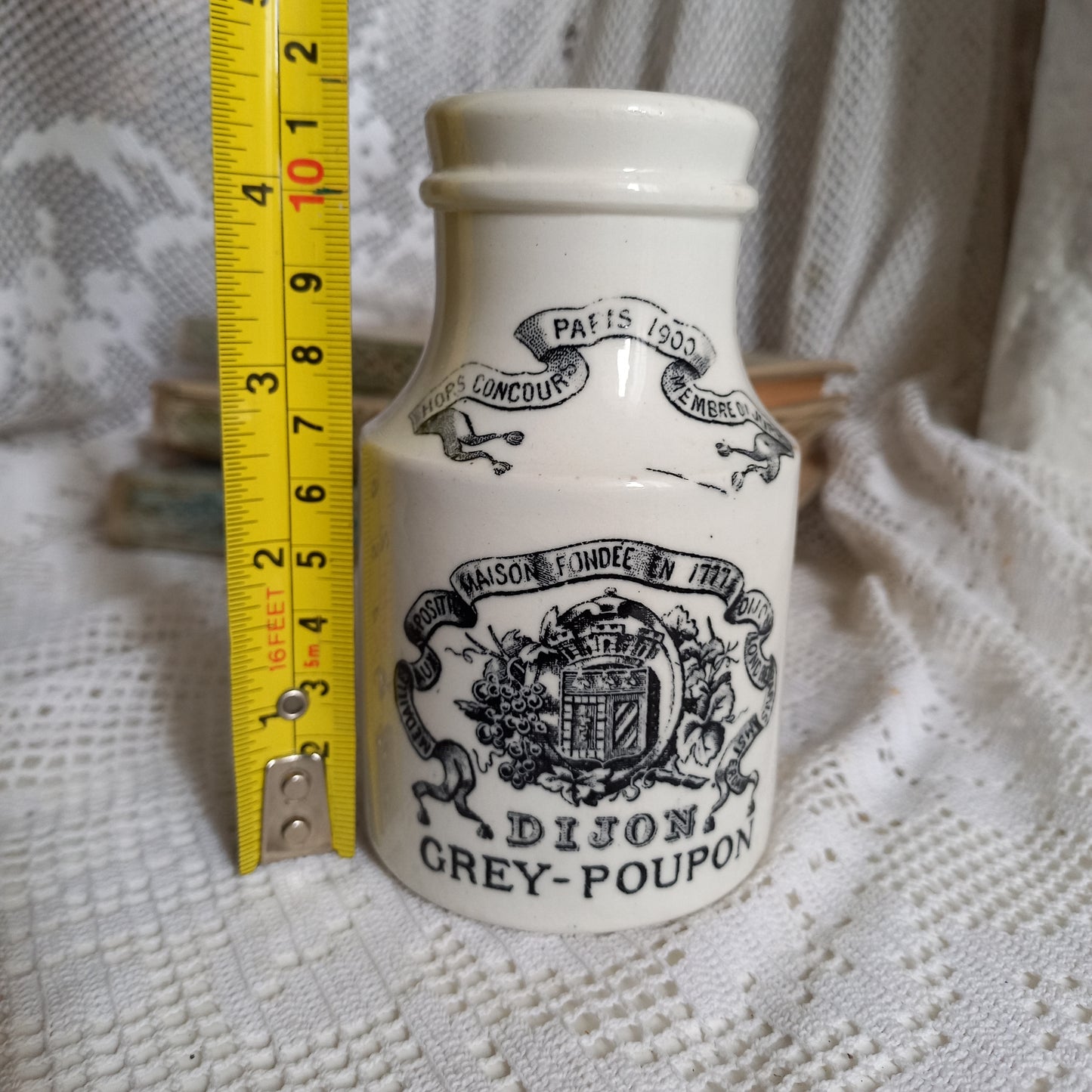 Small antique white ironstone mustard pot by Sarreguemines, French Dijon Grey Poupon mustard jar, kitchen decor