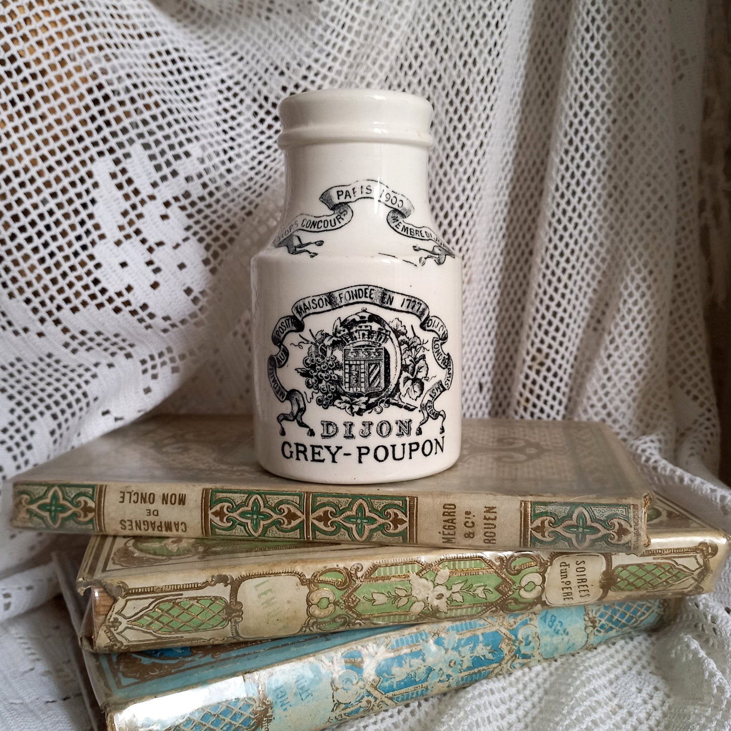 Small antique white ironstone mustard pot by Sarreguemines, French Dijon Grey Poupon mustard jar, kitchen decor