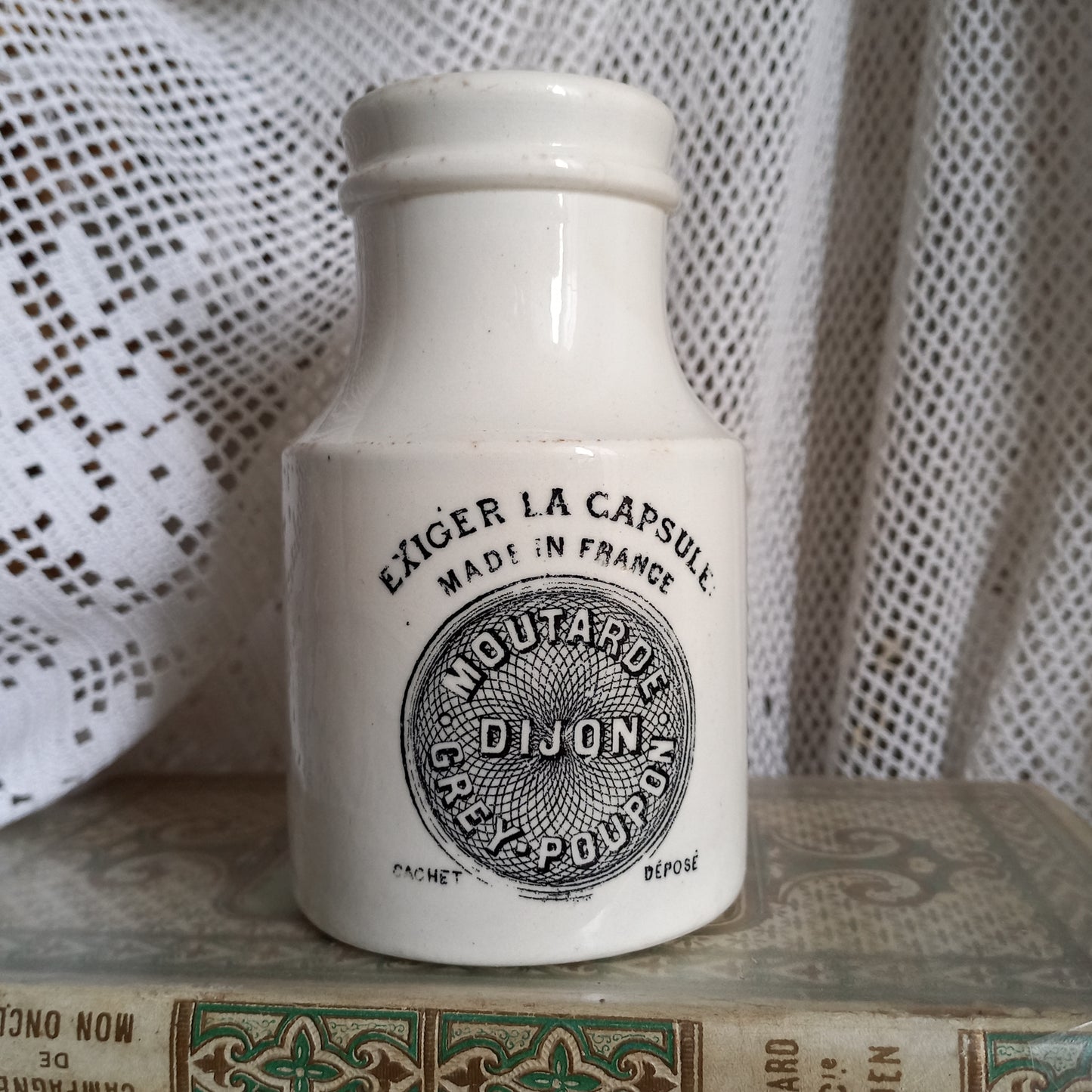 Small antique white ironstone mustard pot by Sarreguemines, French Dijon Grey Poupon mustard jar, kitchen decor