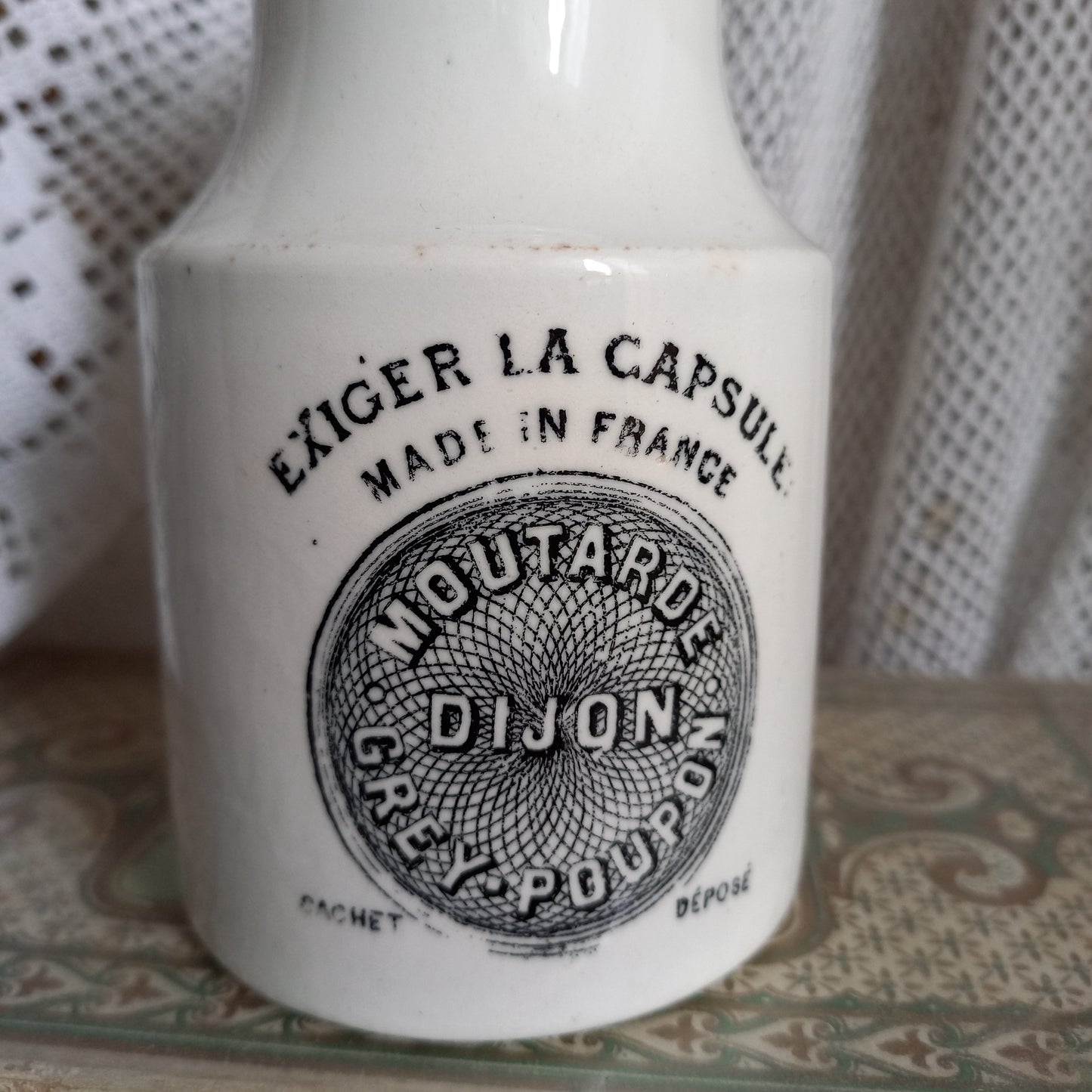 Small antique white ironstone mustard pot by Sarreguemines, French Dijon Grey Poupon mustard jar, kitchen decor