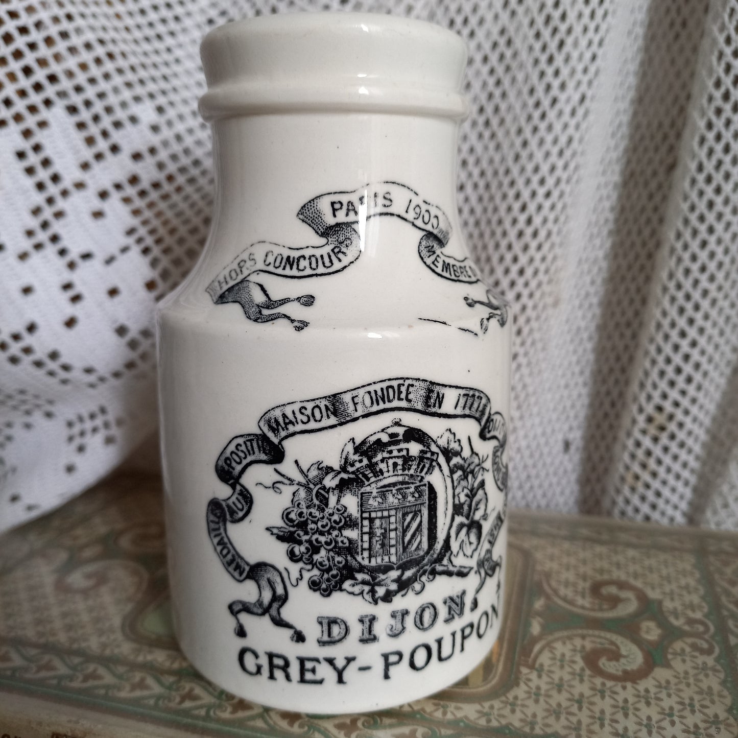 Small antique white ironstone mustard pot by Sarreguemines, French Dijon Grey Poupon mustard jar, kitchen decor