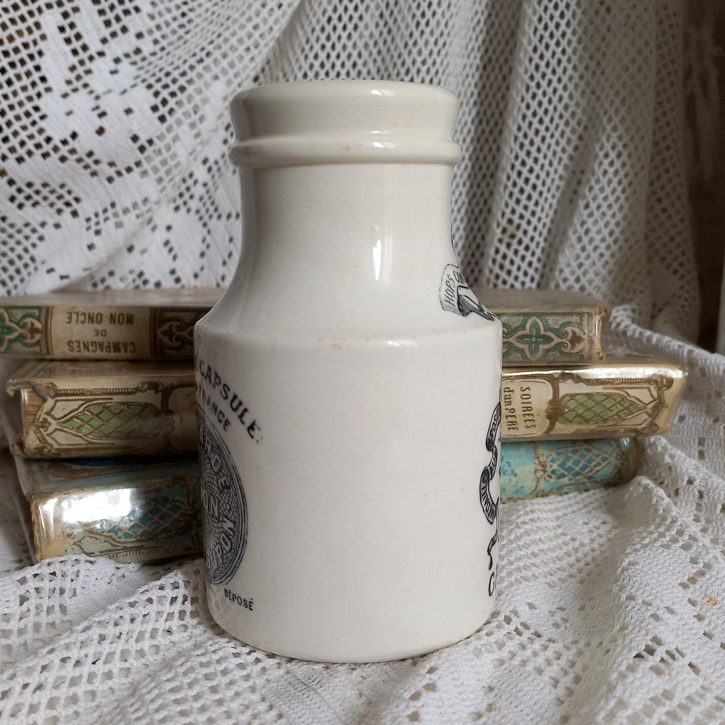 Small antique white ironstone mustard pot by Sarreguemines, French Dijon Grey Poupon mustard jar, kitchen decor