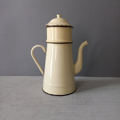 French vintage enamel coffee pot in cream colour, rustic kitchenware, French country kitchen