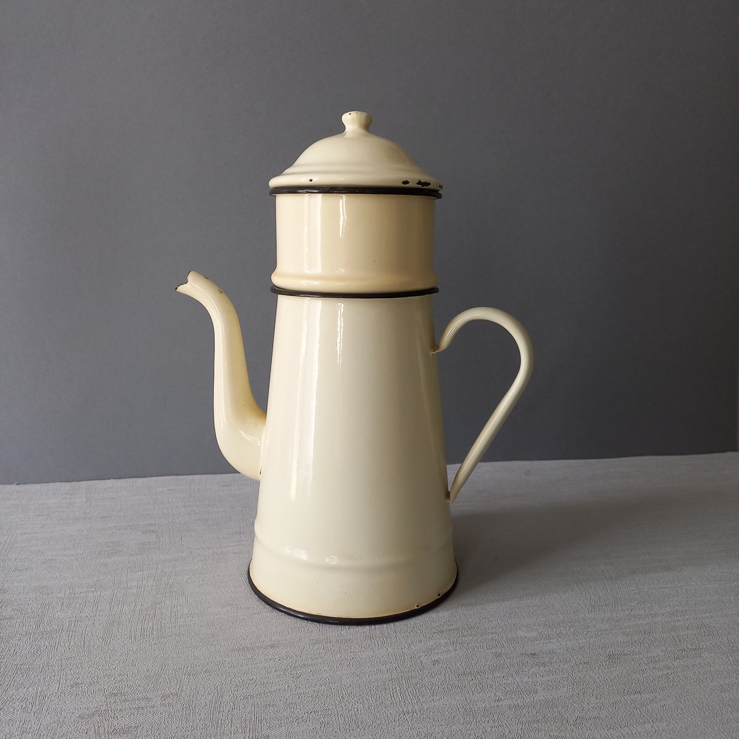 French vintage enamel coffee pot in cream colour, rustic kitchenware, French country kitchen