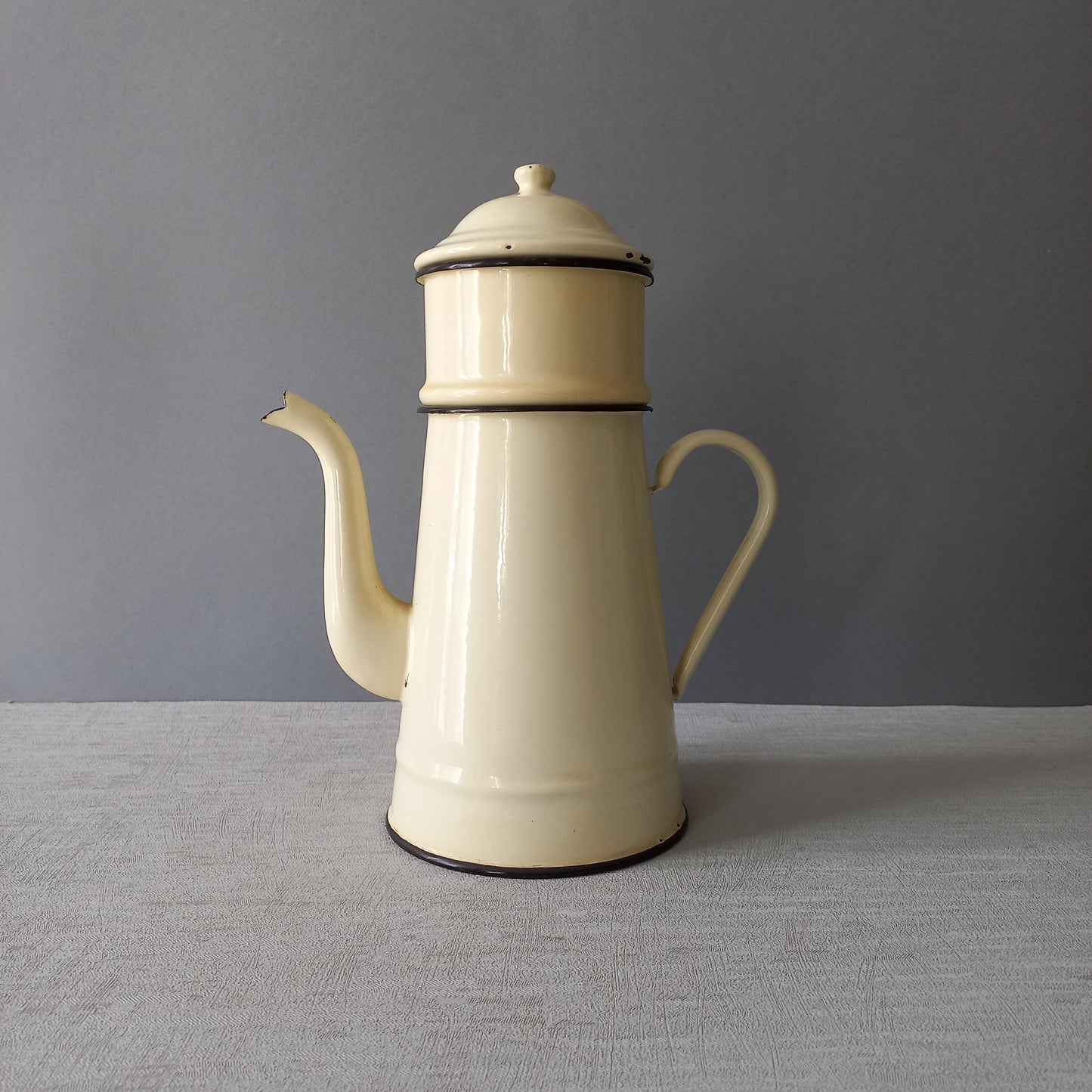 French vintage enamel coffee pot in cream colour, rustic kitchenware, French country kitchen