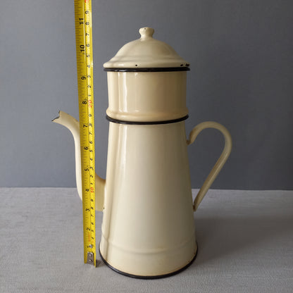 French vintage enamel coffee pot in cream colour, rustic kitchenware, French country kitchen