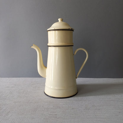 French vintage enamel coffee pot in cream colour, rustic kitchenware, French country kitchen