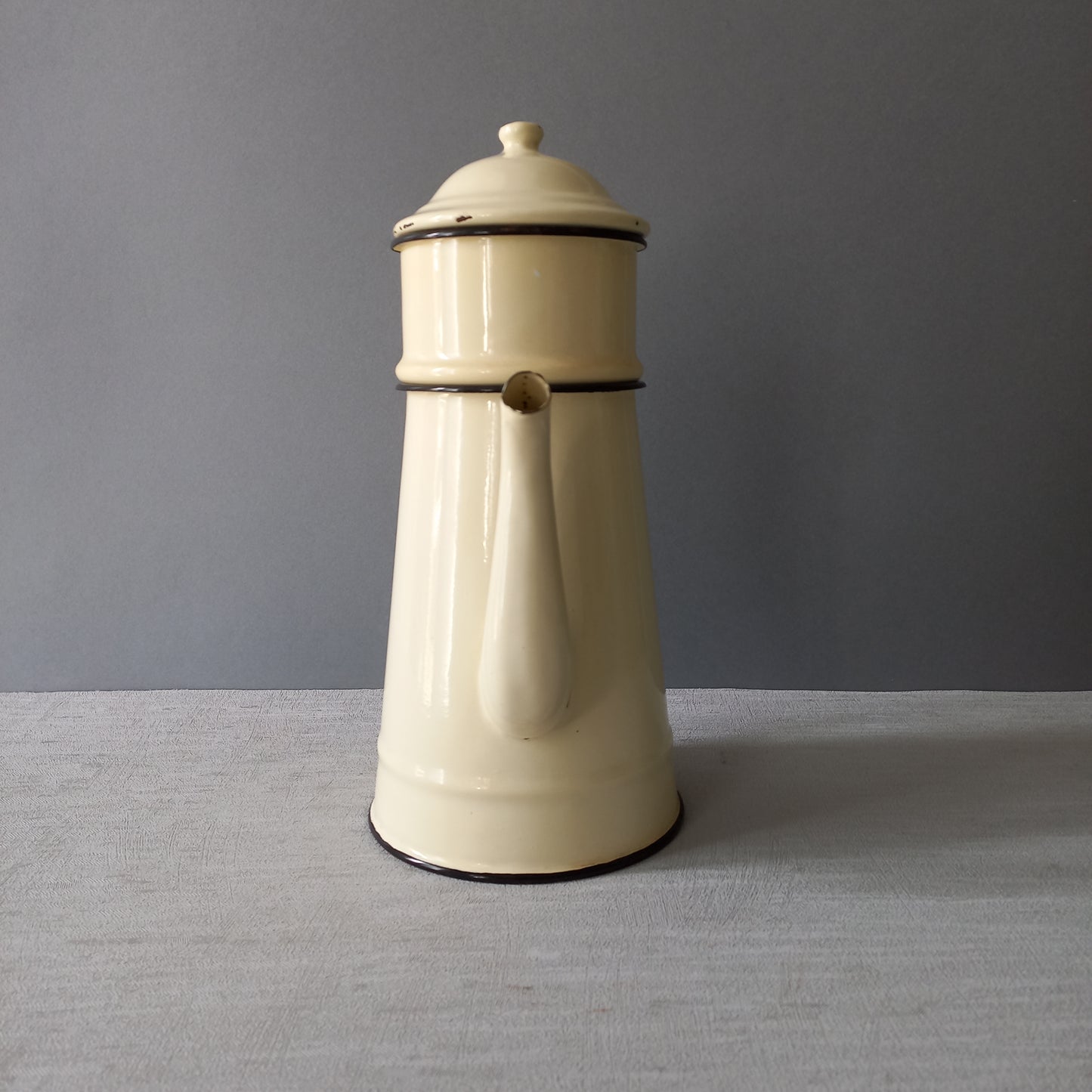 French vintage enamel coffee pot in cream colour, rustic kitchenware, French country kitchen