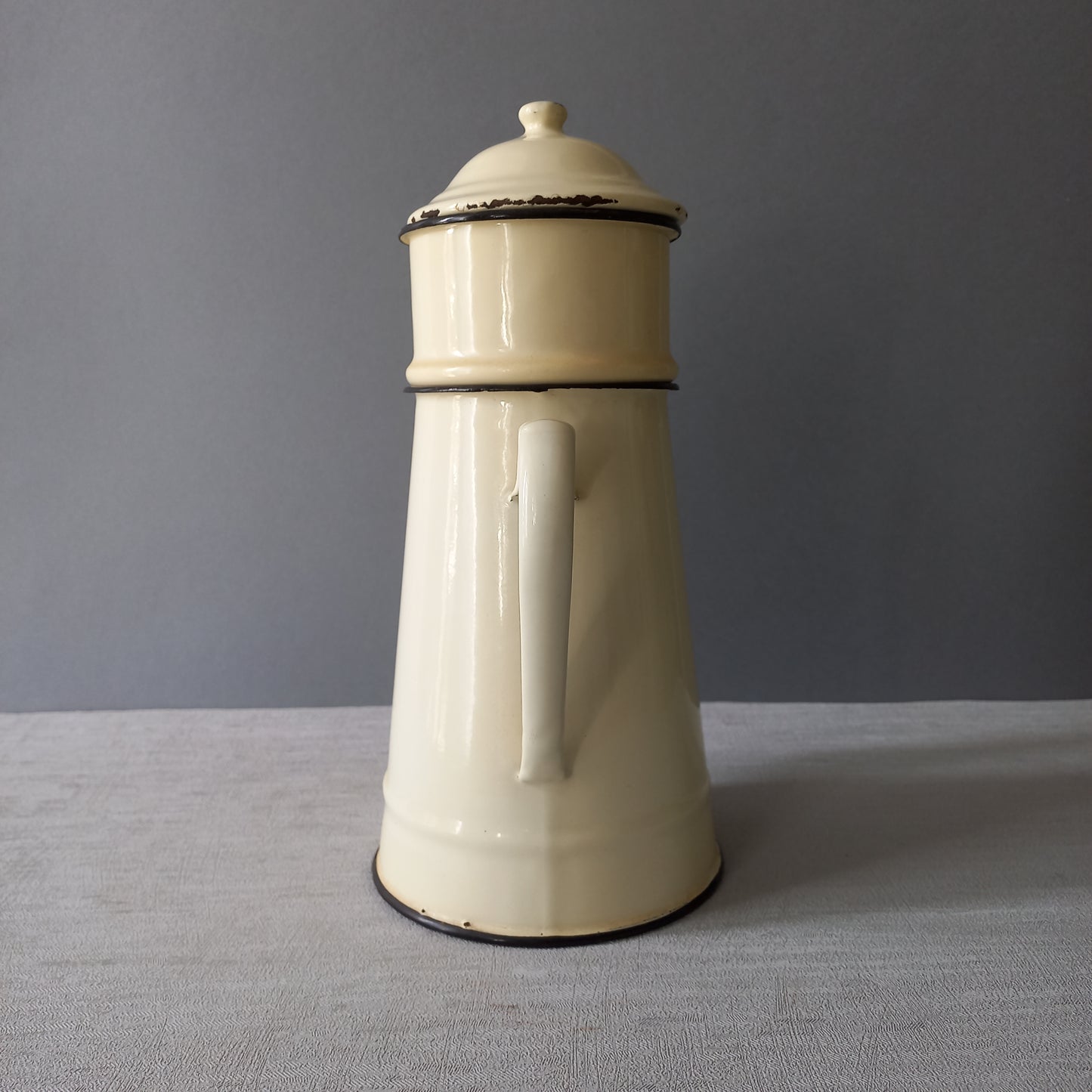 French vintage enamel coffee pot in cream colour, rustic kitchenware, French country kitchen