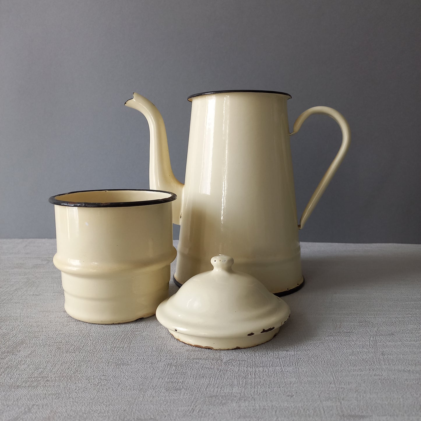 French vintage enamel coffee pot in cream colour, rustic kitchenware, French country kitchen