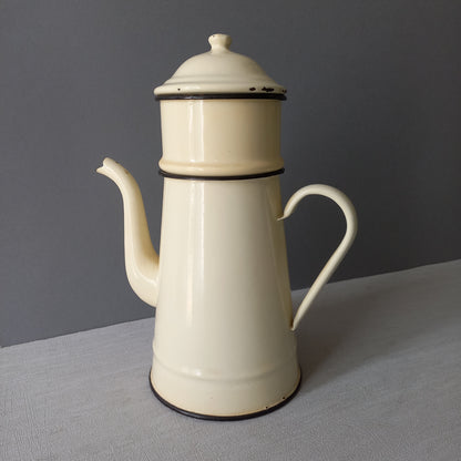 French vintage enamel coffee pot in cream colour, rustic kitchenware, French country kitchen