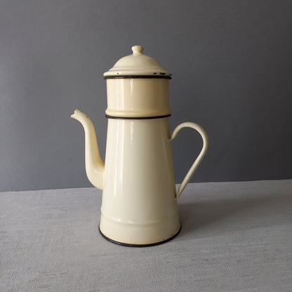 French vintage enamel coffee pot in cream colour, rustic kitchenware, French country kitchen