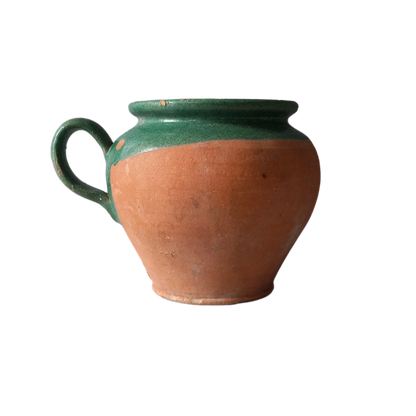 Small French vintage pottery jug with green glazed interior