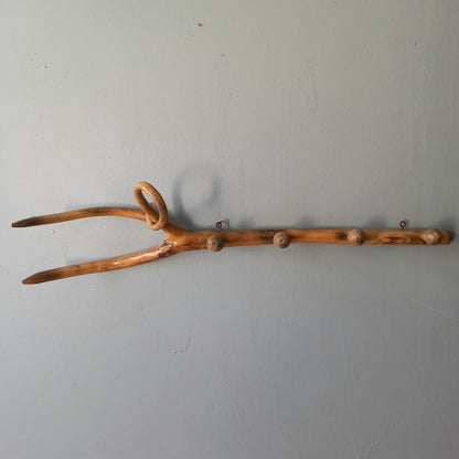 French vintage rustic wooden coat rack with 4 pegs