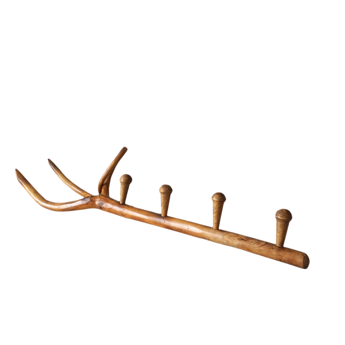French vintage rustic wooden coat rack with 4 pegs