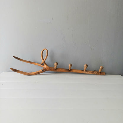 French vintage rustic wooden coat rack with 4 pegs