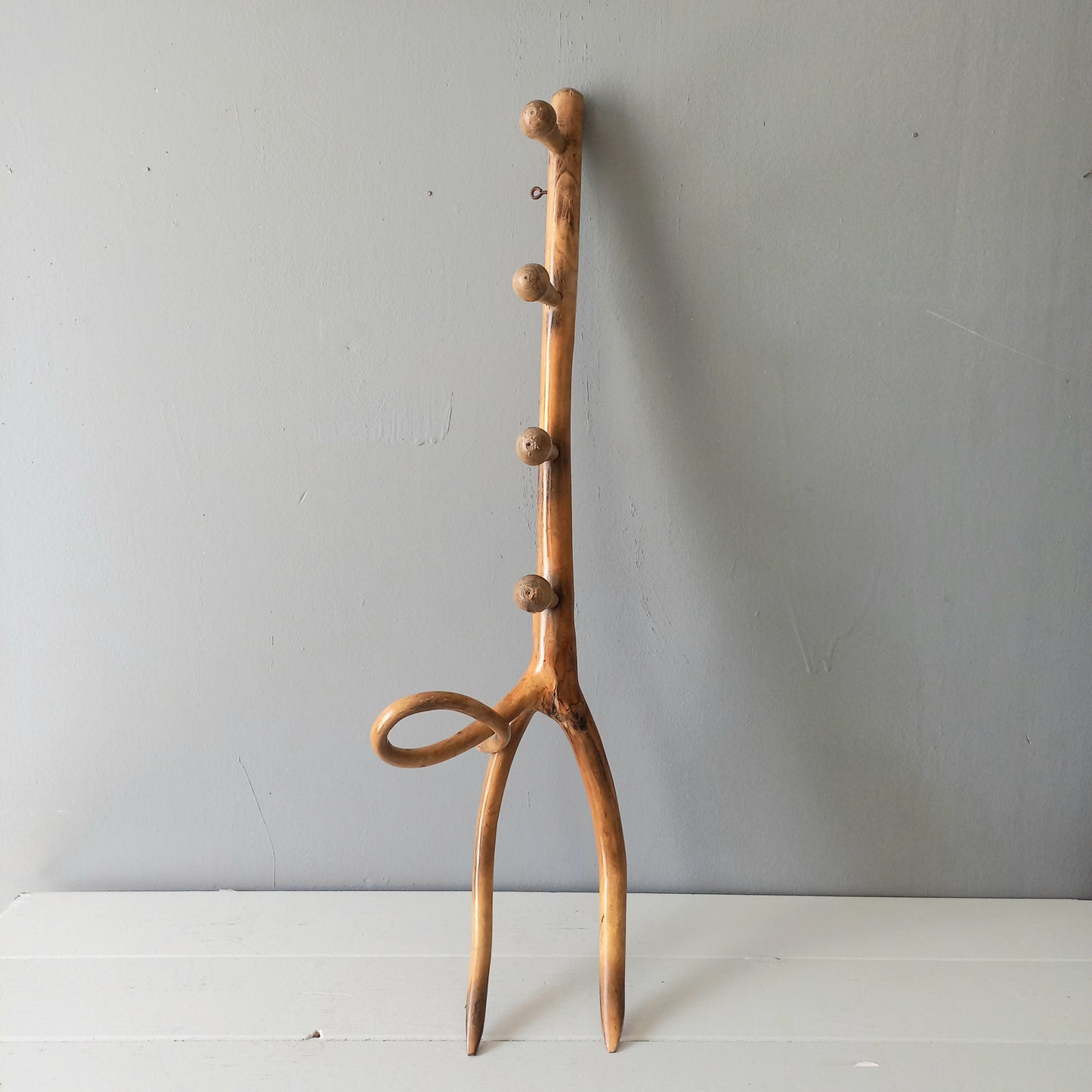 French vintage rustic wooden coat rack with 4 pegs