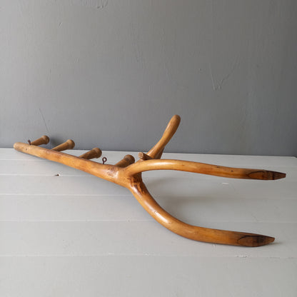 French vintage rustic wooden coat rack with 4 pegs