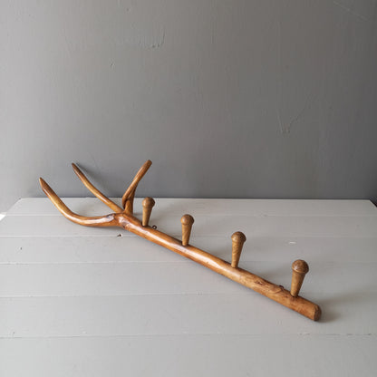 French vintage rustic wooden coat rack with 4 pegs