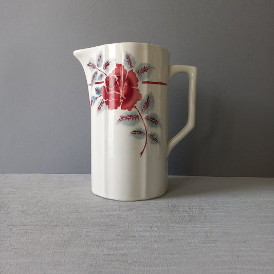 A French vintage ironstone pitcher jug with pink/red floral transfer pattern, once part of a wash-set, this beautiful and very heavy, tall jug/pitcher makes a wonderful piece of vintage decor.