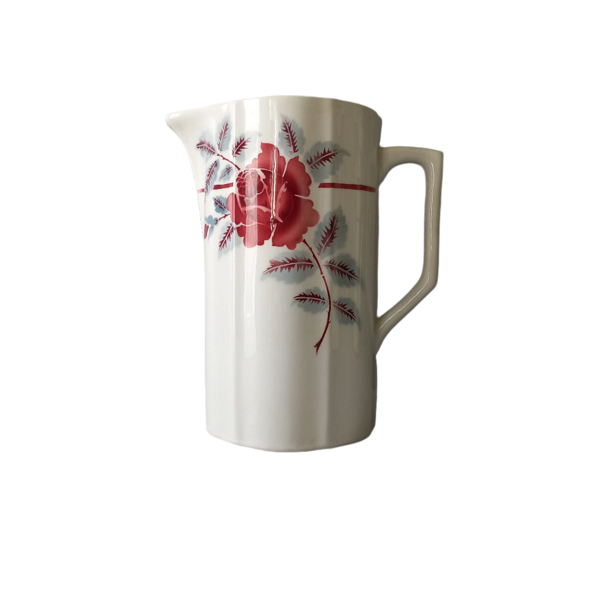 A French vintage ironstone pitcher jug with pink/red floral transfer pattern, once part of a wash-set, this beautiful and very heavy, tall jug/pitcher makes a wonderful piece of vintage decor. Maker's mark is underneath.