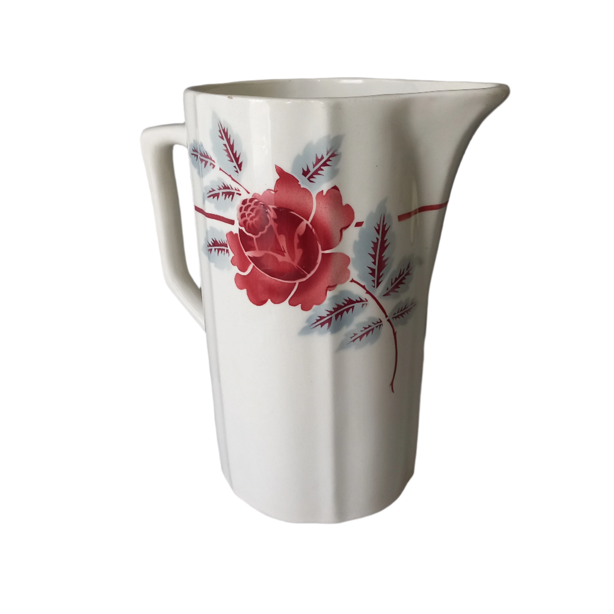 A French vintage ironstone pitcher jug with pink/red floral transfer pattern, once part of a wash-set, this beautiful and very heavy, tall jug/pitcher makes a wonderful piece of vintage decor. Maker's mark is underneath.