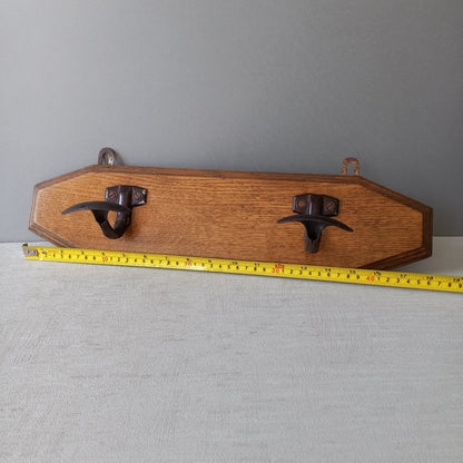 French vintage wooden coat rack with two metal coat hooks