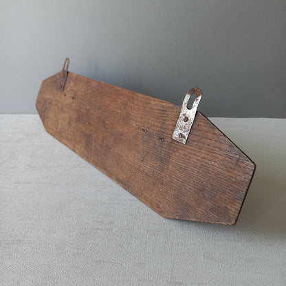 French vintage wooden coat rack with two metal coat hooks