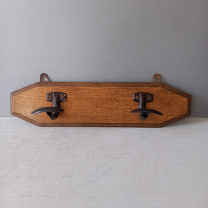 French vintage wooden coat rack with two metal coat hooks