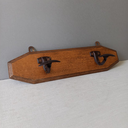 French vintage wooden coat rack with two metal coat hooks