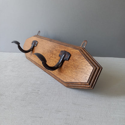 French vintage wooden coat rack with two metal coat hooks