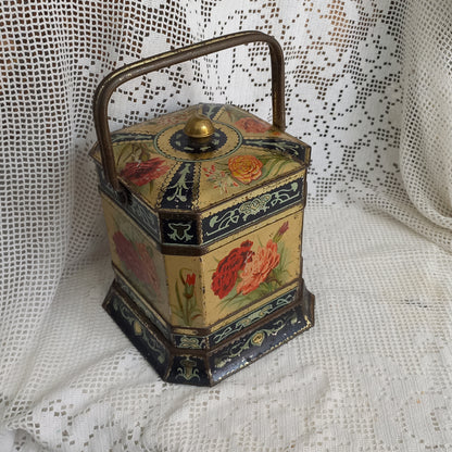 Decorative tin box with floral pattern, French gingerbread antique biscuit tin, collectible boxes, art nouveau storage box,