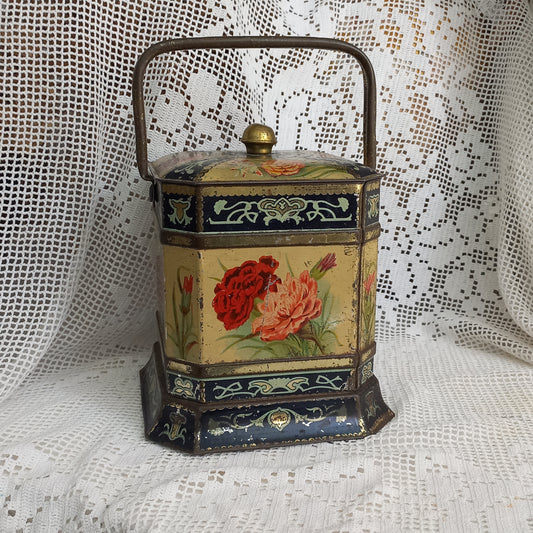 Decorative tin box with floral pattern, French gingerbread antique biscuit tin, collectible boxes, art nouveau storage box,