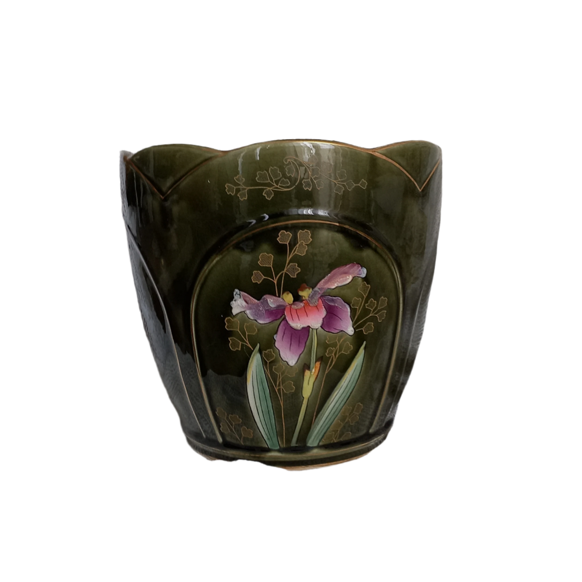 Antique art nouveau decorative planter with Iris flower by Gustave de Bruyn of Fives Lille