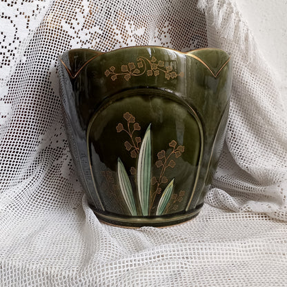 Antique art nouveau decorative planter with Iris flower by Gustave de Bruyn of Fives Lille, French vintage plant pot holder