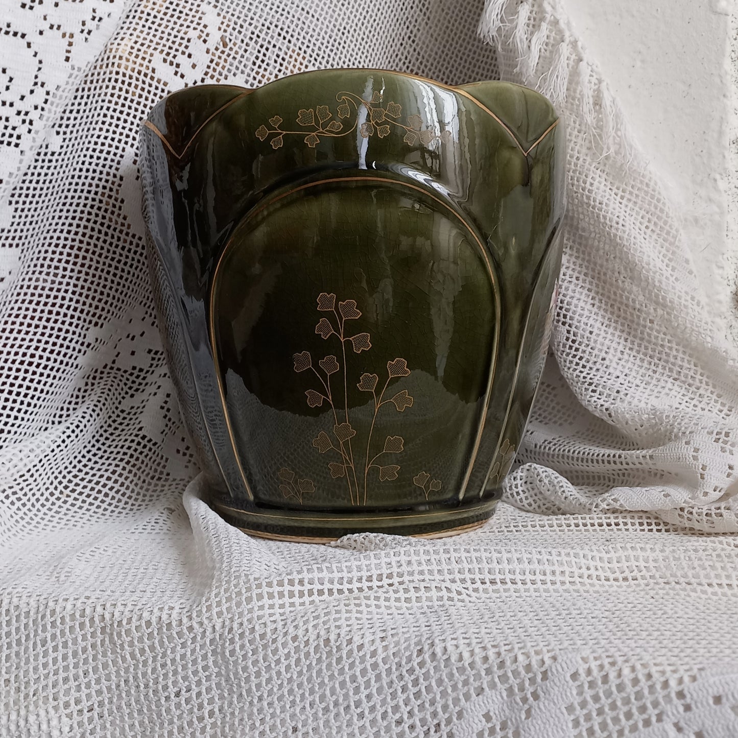 Antique art nouveau decorative planter with Iris flower by Gustave de Bruyn of Fives Lille, French vintage plant pot holder