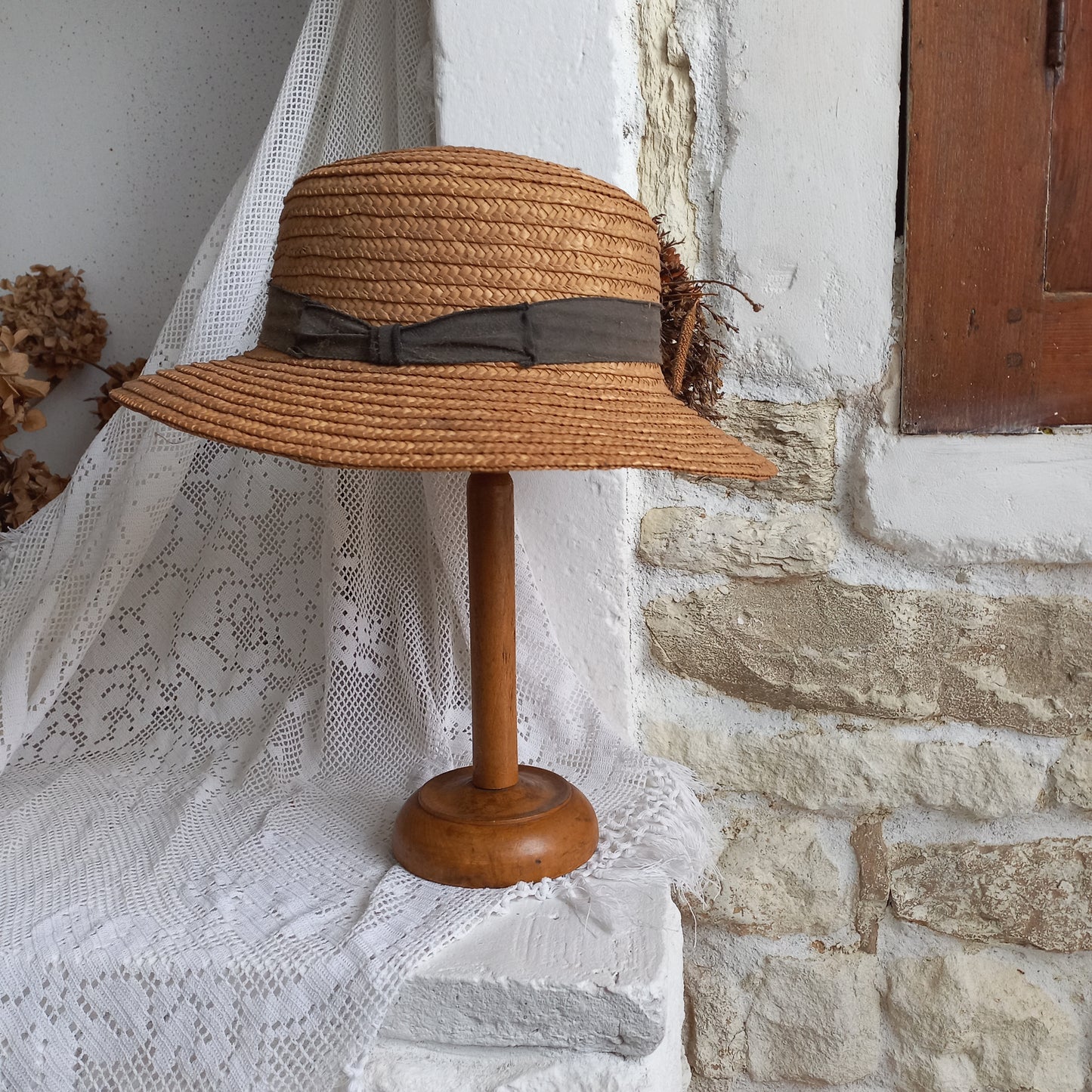 French vintage wooden hat stand for hat and helmets, head wear display stand made from wood