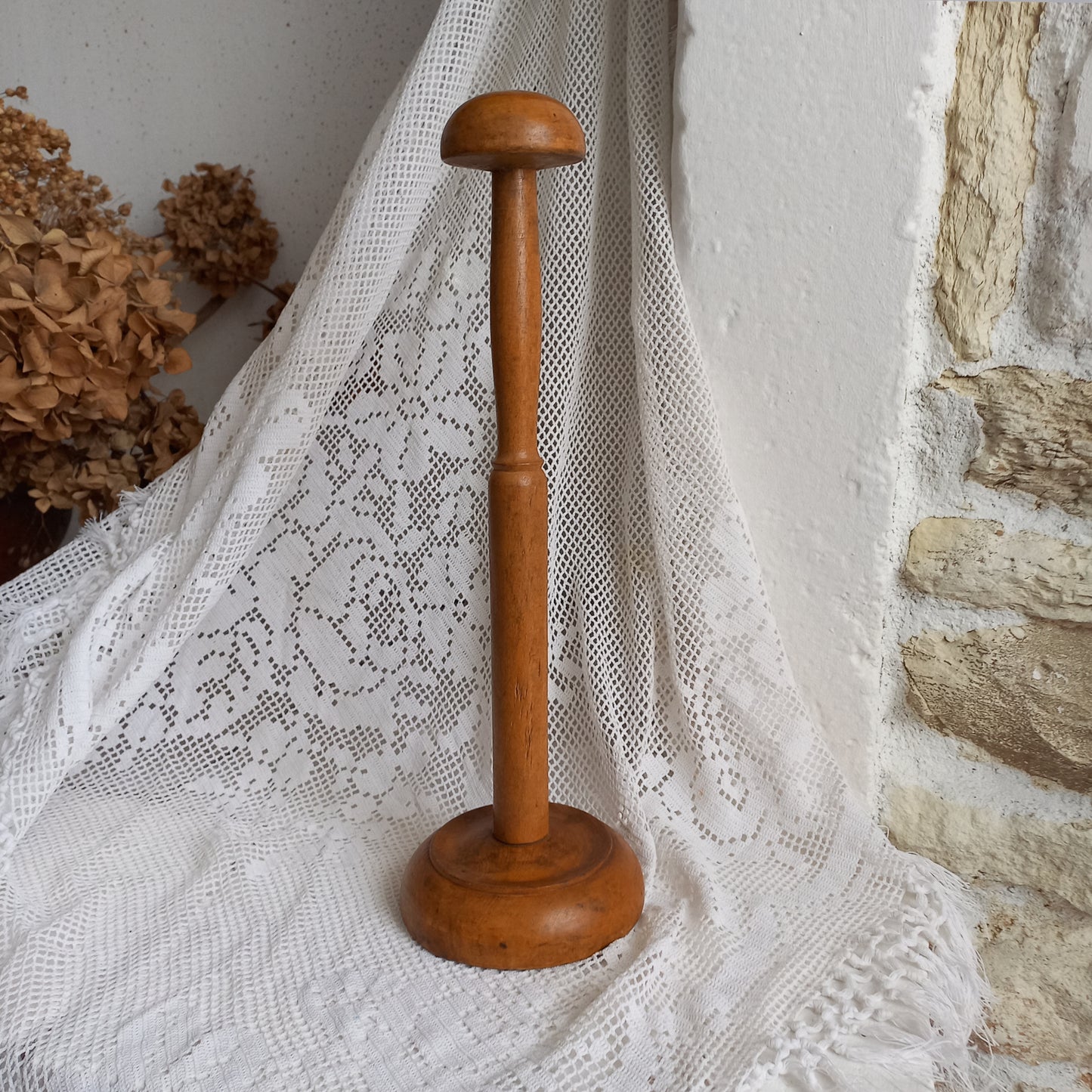 French vintage wooden hat stand for hat and helmets, head wear display stand made from wood