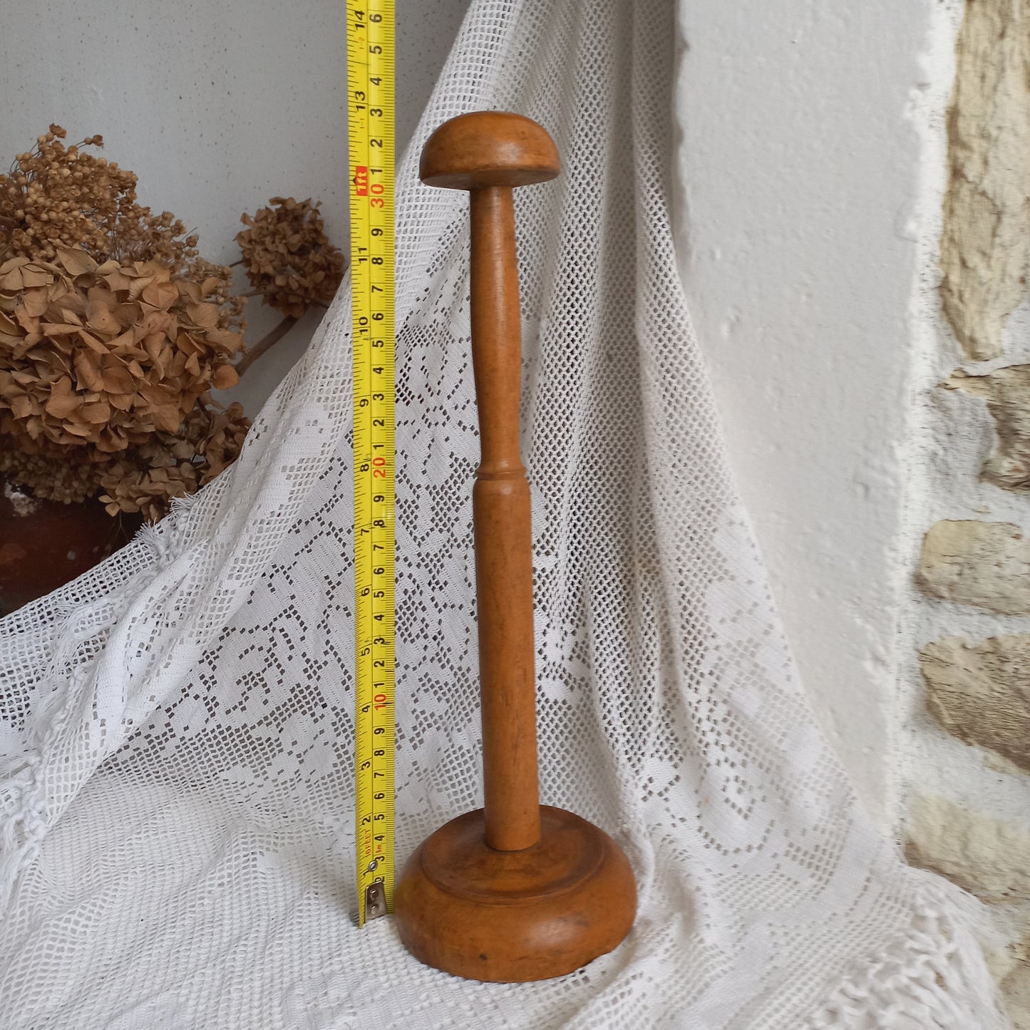 French vintage wooden hat stand for hat and helmets, head wear display stand made from wood