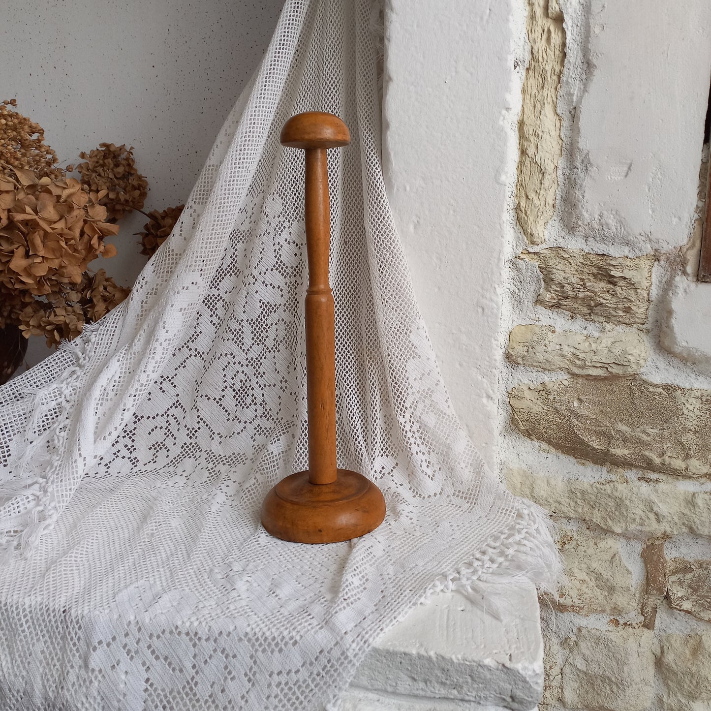 French vintage wooden hat stand for hat and helmets, head wear display stand made from wood