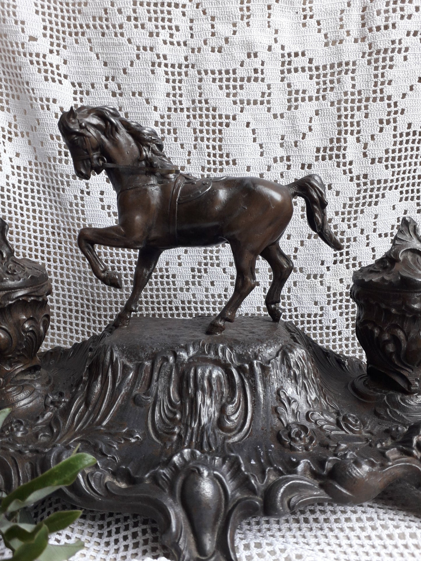 Antique double inkwell with horse figurine from France, French vintage deck decor, decorative inkwell