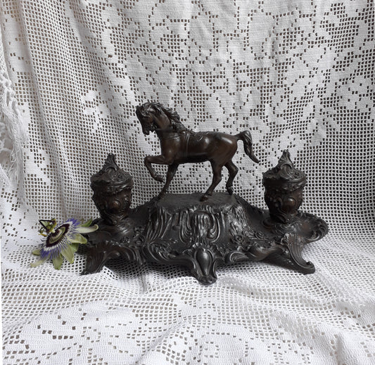 Antique double inkwell with horse figurine from France, French vintage deck decor, decorative inkwell