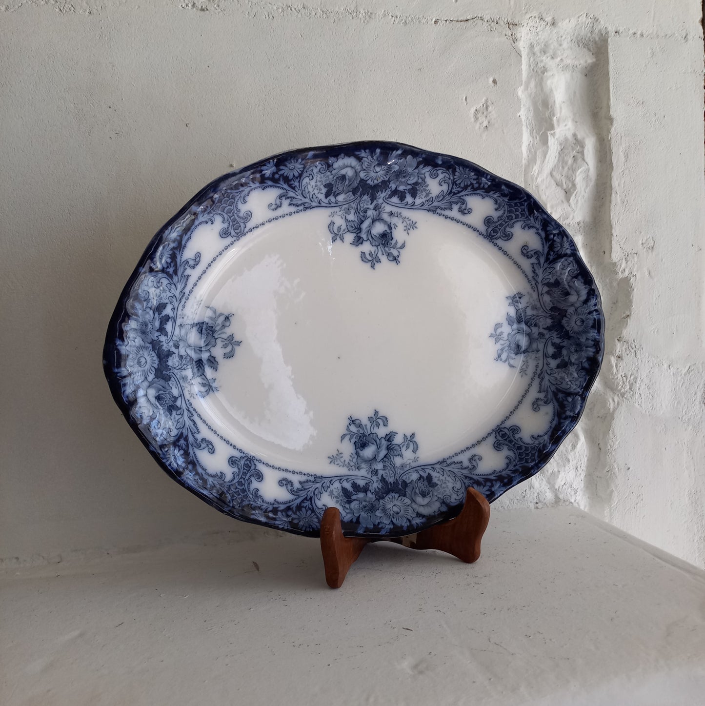 Antique ironstone oval serving plate with blue floral pattern, antique serving platter